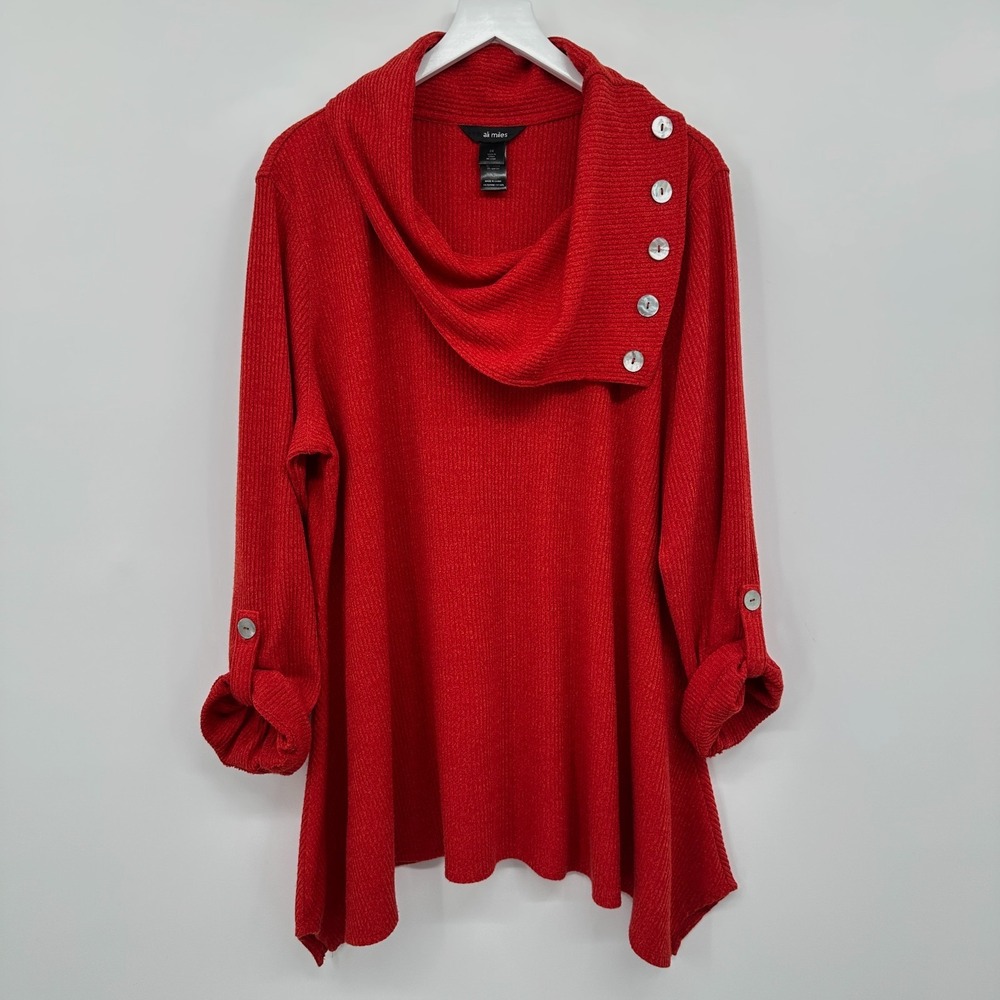 Ali Miles‎ Tunic Top Shirt Plus Size 2X Stretch Knit Textured Shawl Collar Flowy